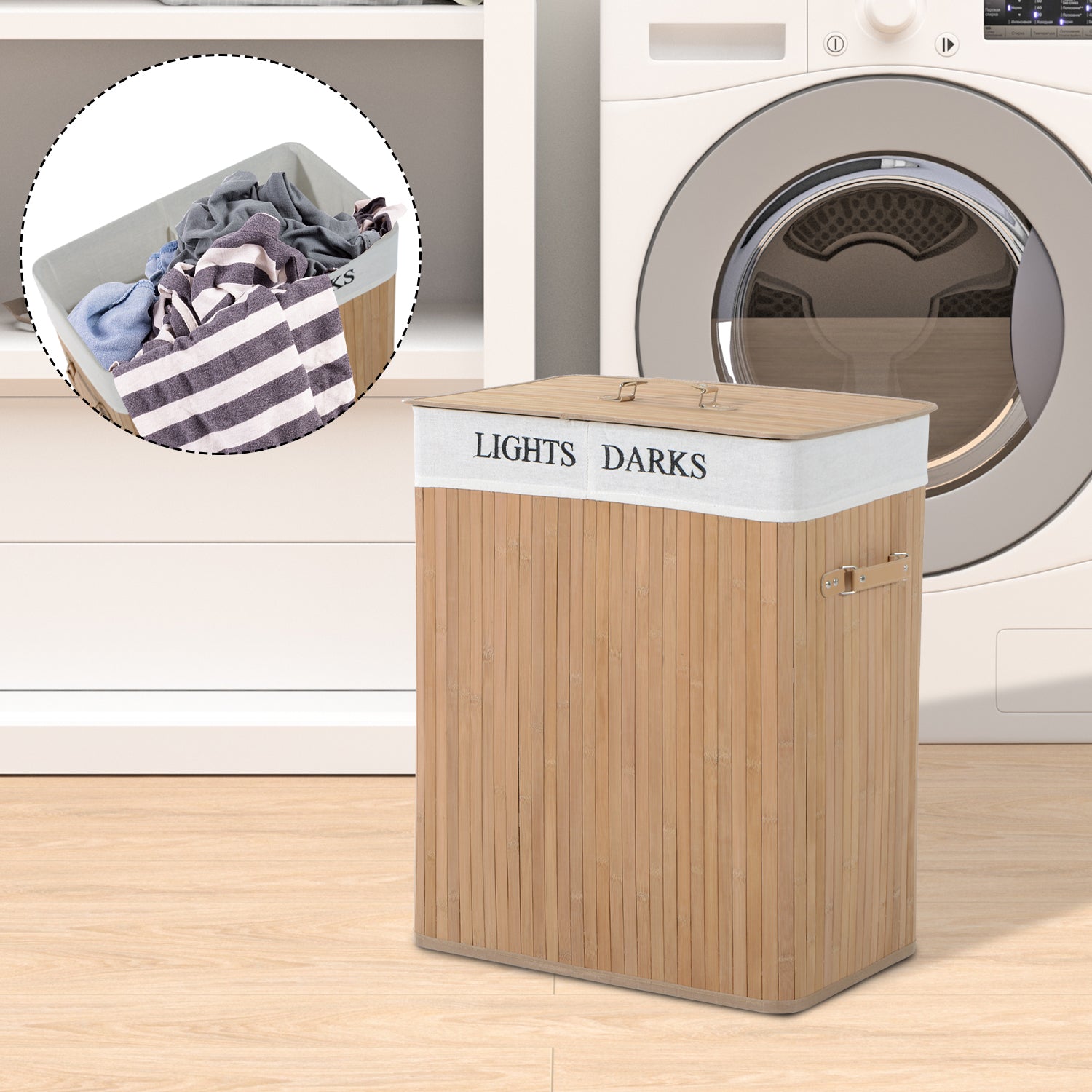 Homcom Two-Compartment Wooden Laundry Basket