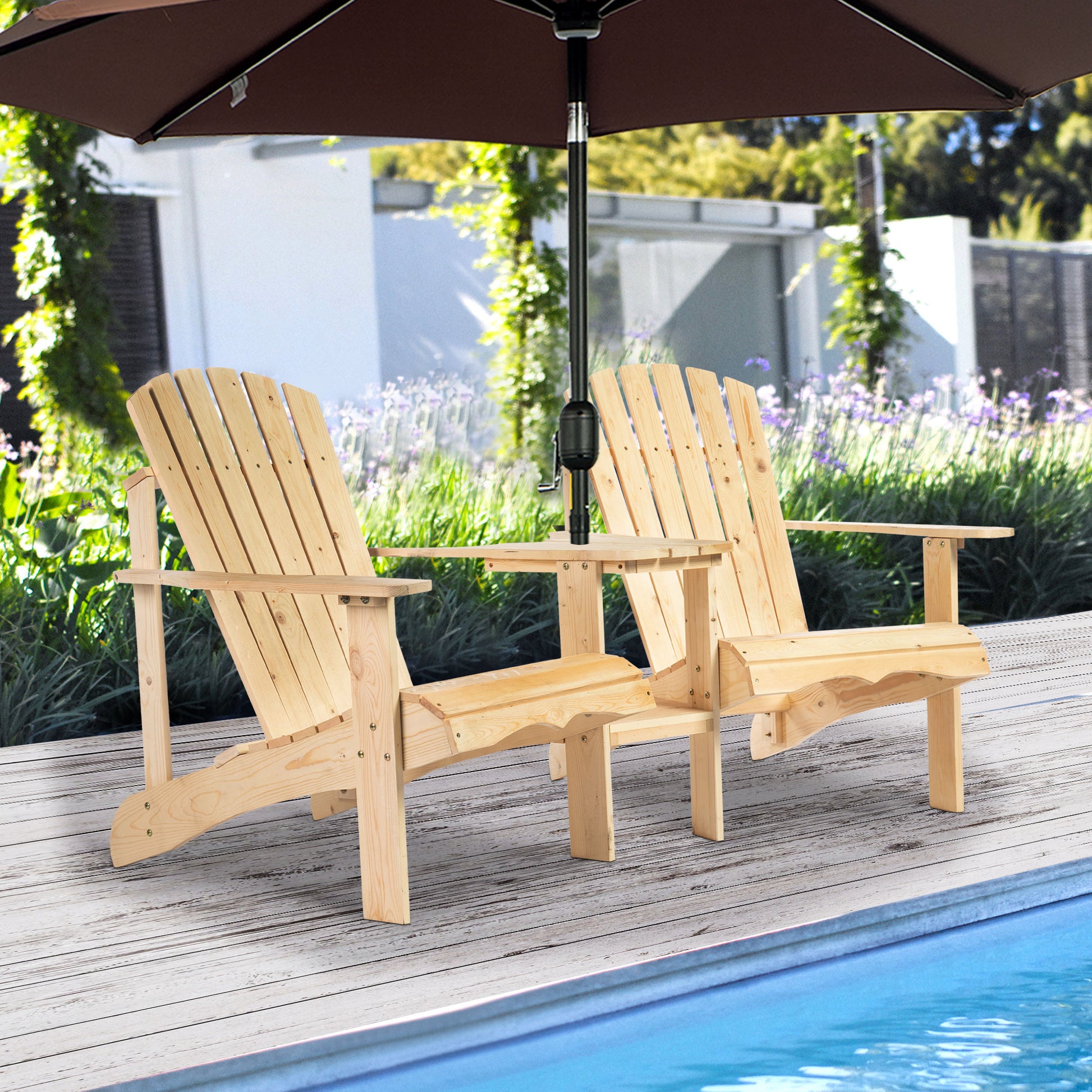 Outsunny Wooden Outdoor Double Adirondack Chairs Loveseat w/ Center Table and Umbrella Hole