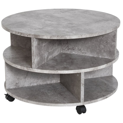 Homcom 2 Tier Round Side End Table Coffee Desk with Divided Shelves Tea Table Storage Unit Living Room Organiser with Wheels - Cement colour