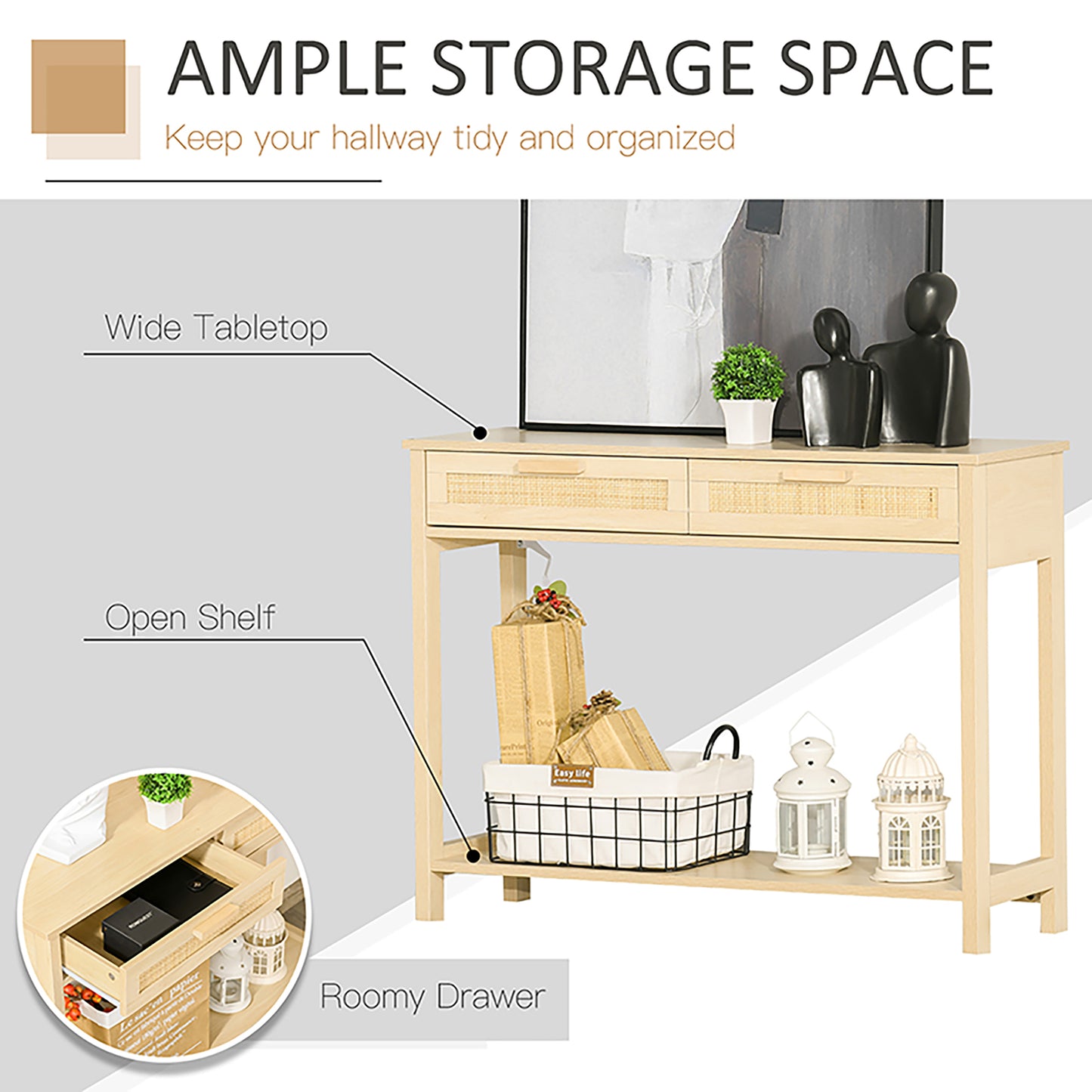 Homcom Console Sofa Table Hallway Side Desk with Storage Shelf Drawer for Entryway Living Room Bedroom Natural