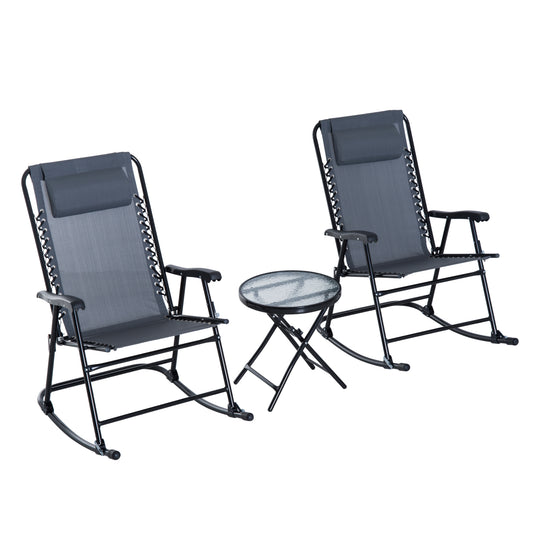 Outsunny 3 Piece Outdoor Rocking Set with 2 Folding Chairs and 1 Tempered Glass Table