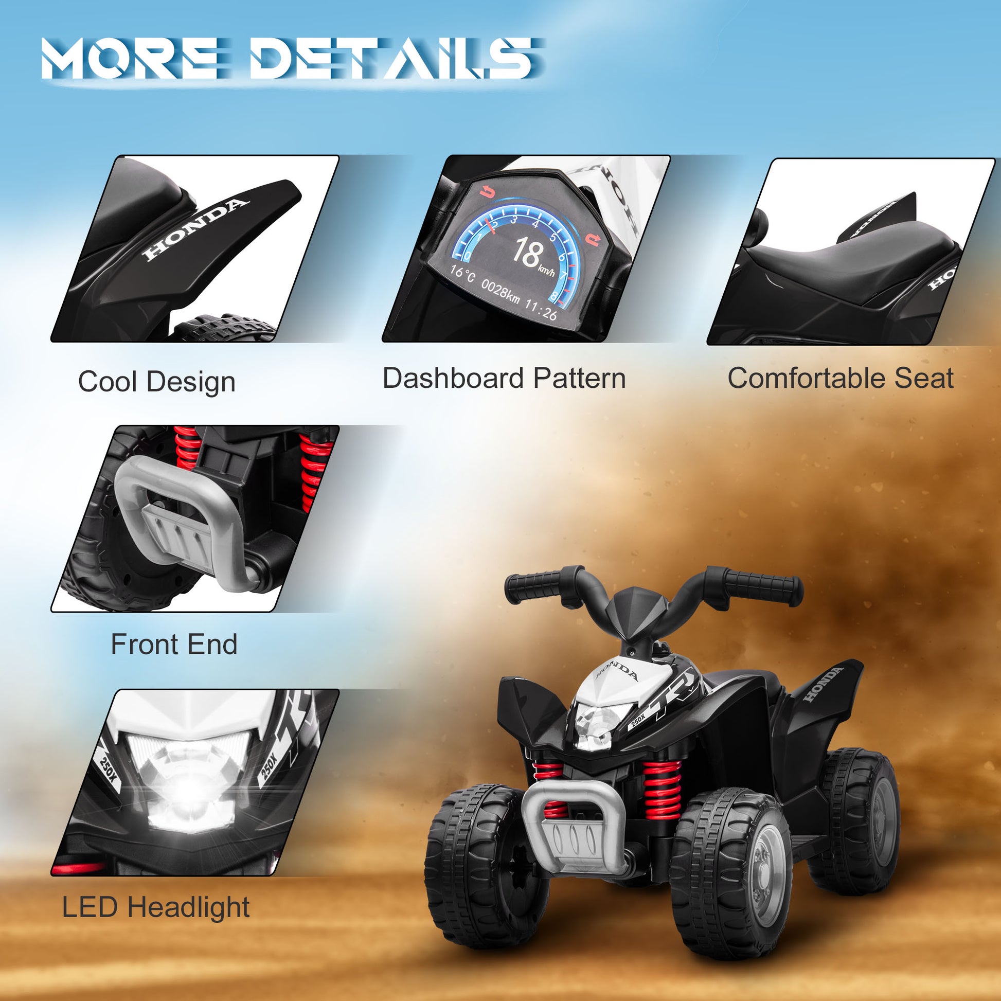 Honda Ride On Quad Bike With LED Light & Horn 1.5 To 3 Years Black by Aiyaplay