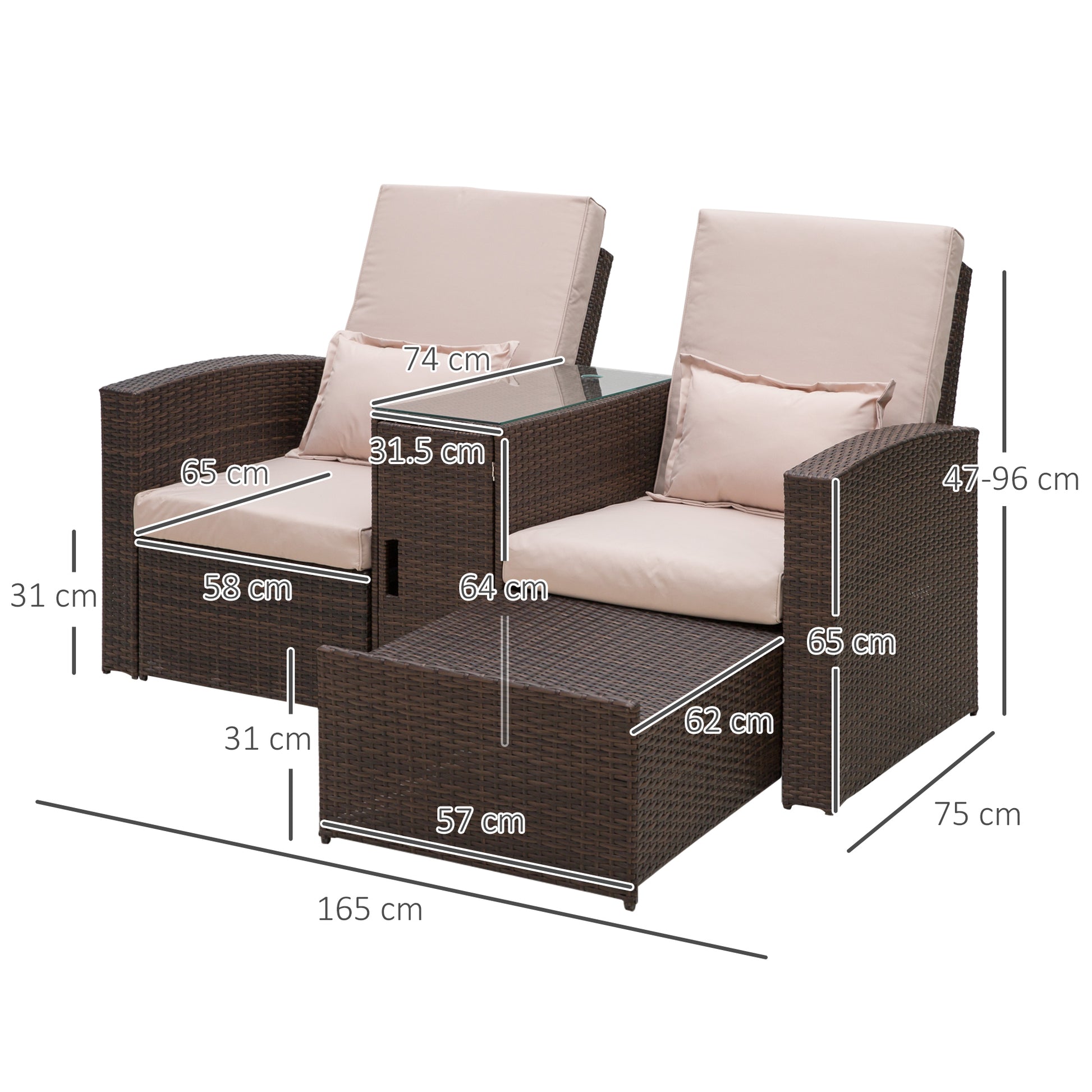 Outsunny 2-Seater Rattan Sofa Lounger Set-Brown