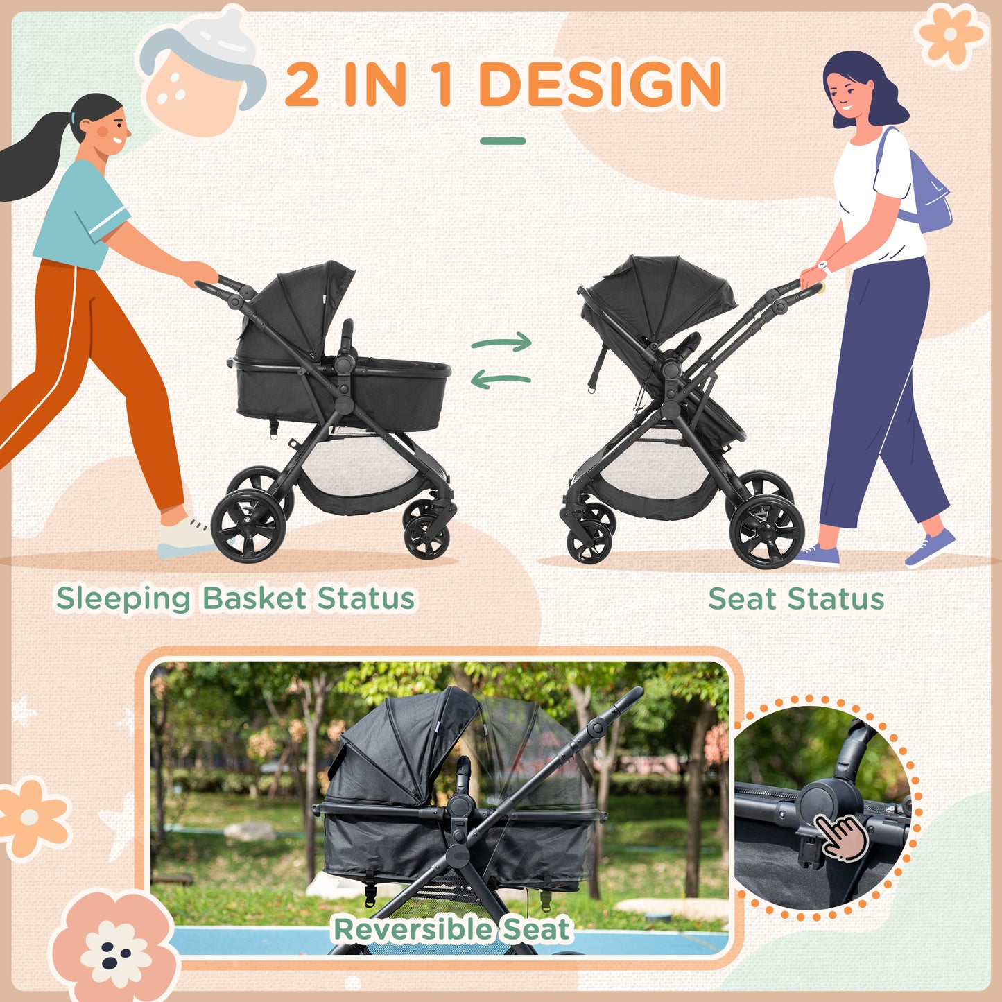 Homcom 2 in 1 Lightweight Pushchair w/ Reversible Seat