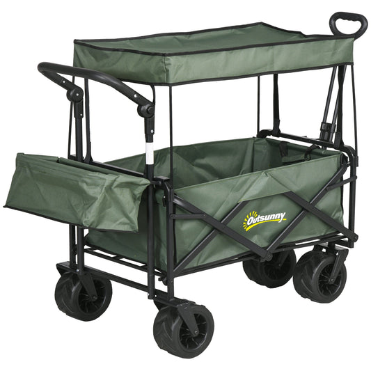 Folding Trolley Cart Storage Wagon Beach Trailer 4 Wheels with Handle Overhead Canopy Cart Push Pull for Camping, Green-0