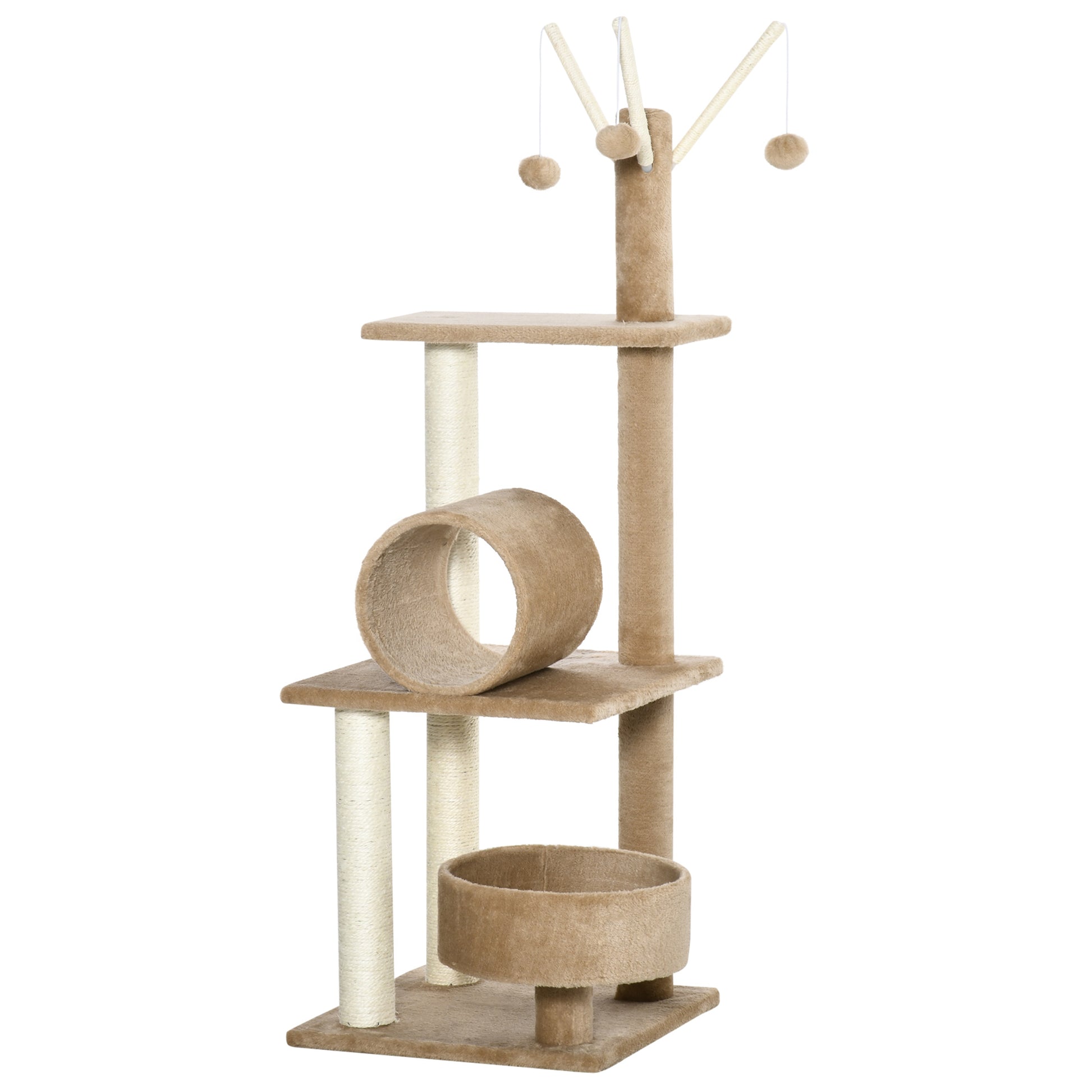 PawHut 121cm Cat Tree Tower for Indoor Cats Kitten Activity Centre Scratching Post with Bed Tunnel Perch Interactive Ball Toy Brown