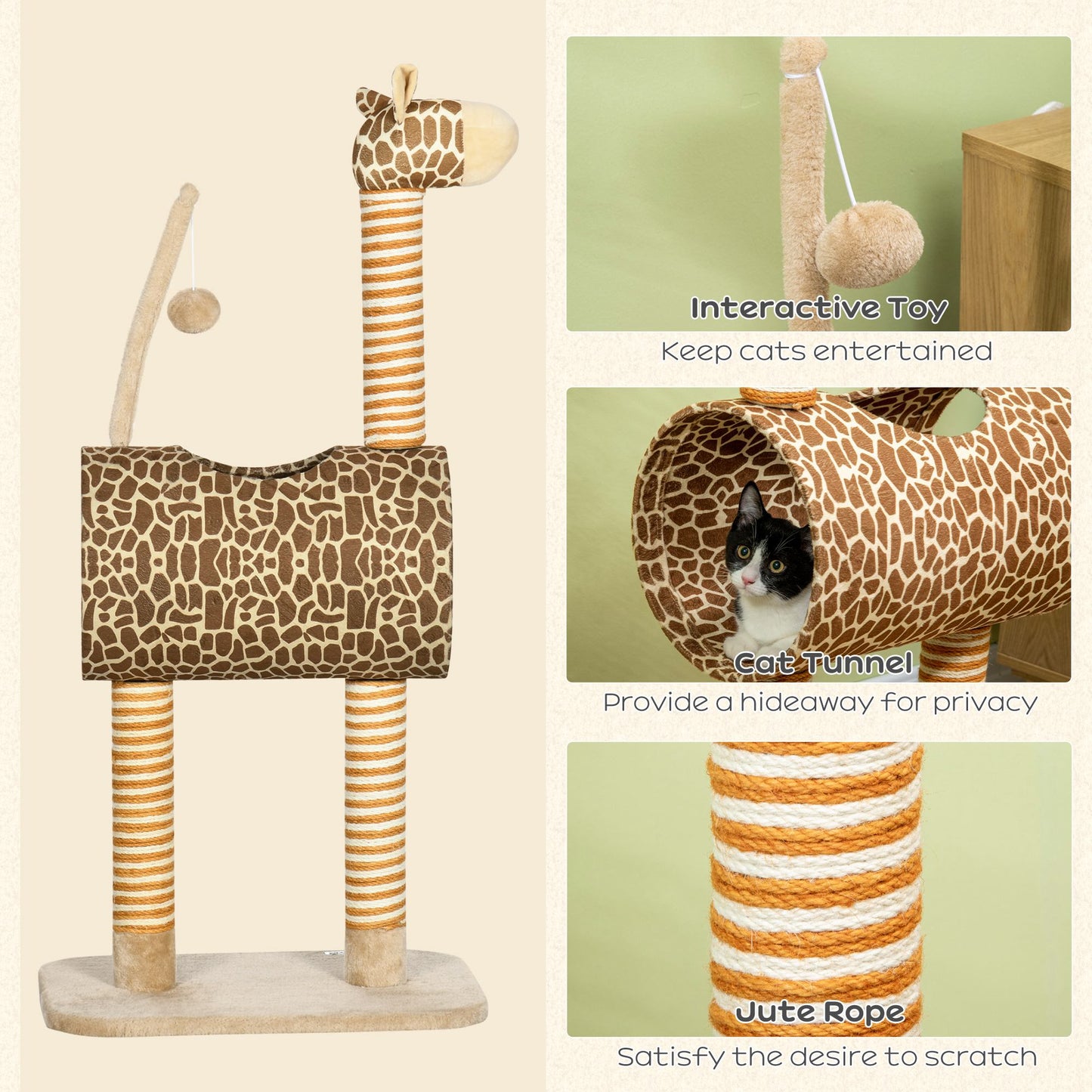 PawHut Cat Tree for Indoor Cats Cute Giraffe Kitten Play Tower with Scratching Posts Tunnel Ball Toy