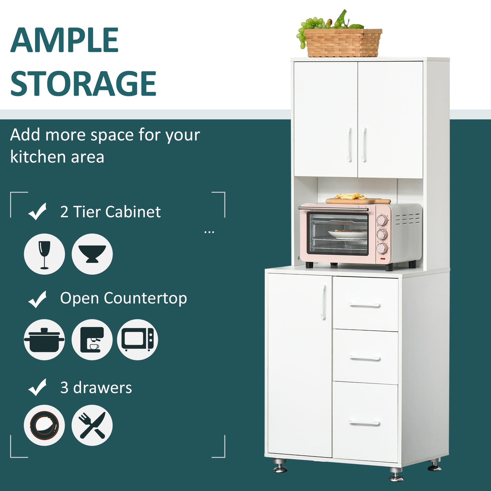 Homcom Modern Kitchen Cupboard With Storage Cabinets 3 Drawers And Open Countertop For Living Room White