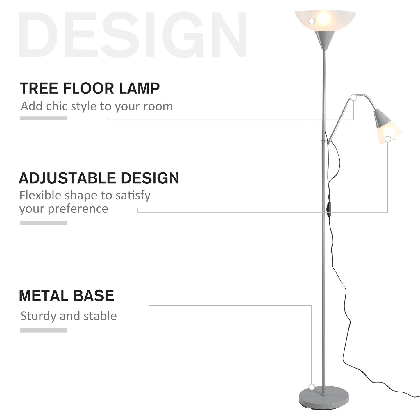 Homcom Modern Floor Reading Lamp 2 Adjustable Heads Light Steel Base Living Room Bedroom Office