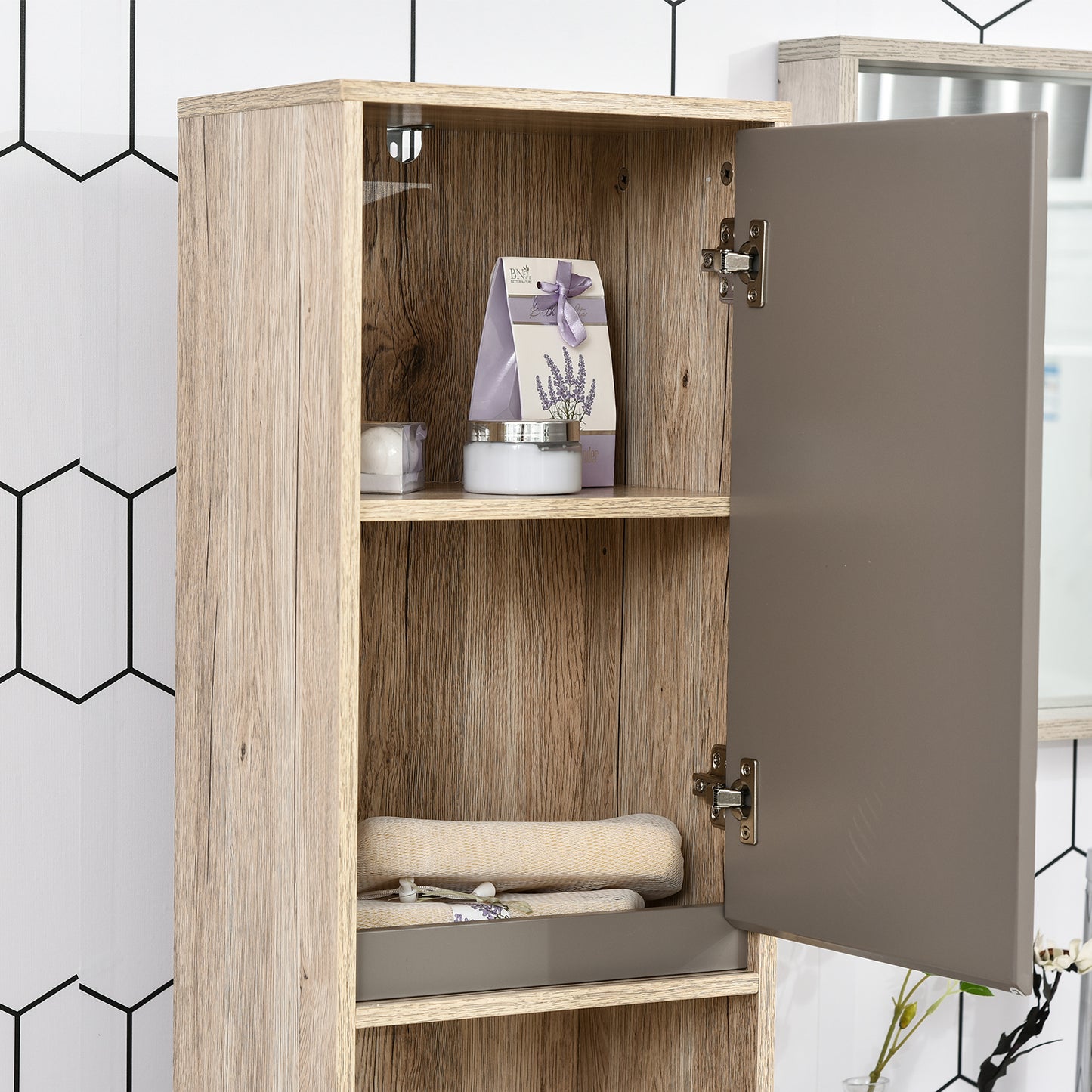 Homcom Freestanding Bathroom Storage Cabinet w/ 2 Cupboards 2 Compartments Home Organisation Anti-Tipping Elevated Base 30L x 24W x 170H cm Grey&Brown