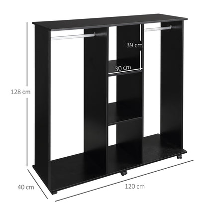 Homcom Double Mobile Open Wardrobe With Clothes Hanging Rails Storage Shelves Organizer Bedroom Furniture - Black