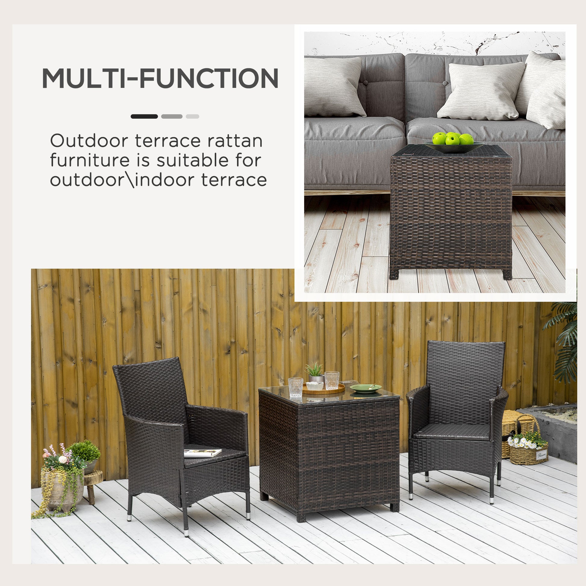 Outsunny Rattan Garden Furniture Side Table Patio Frame Tempered Glass New - Brown