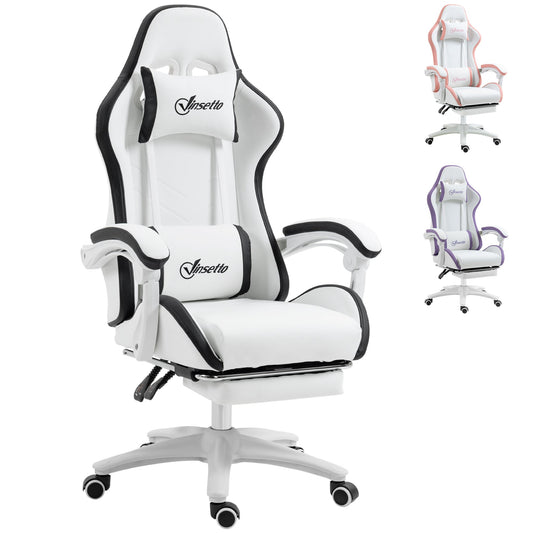 Racing Gaming Chair, Reclining PU Leather Computer Chair with 360 Degree Swivel Seat, Footrest, Removable Headrest White and Black-0