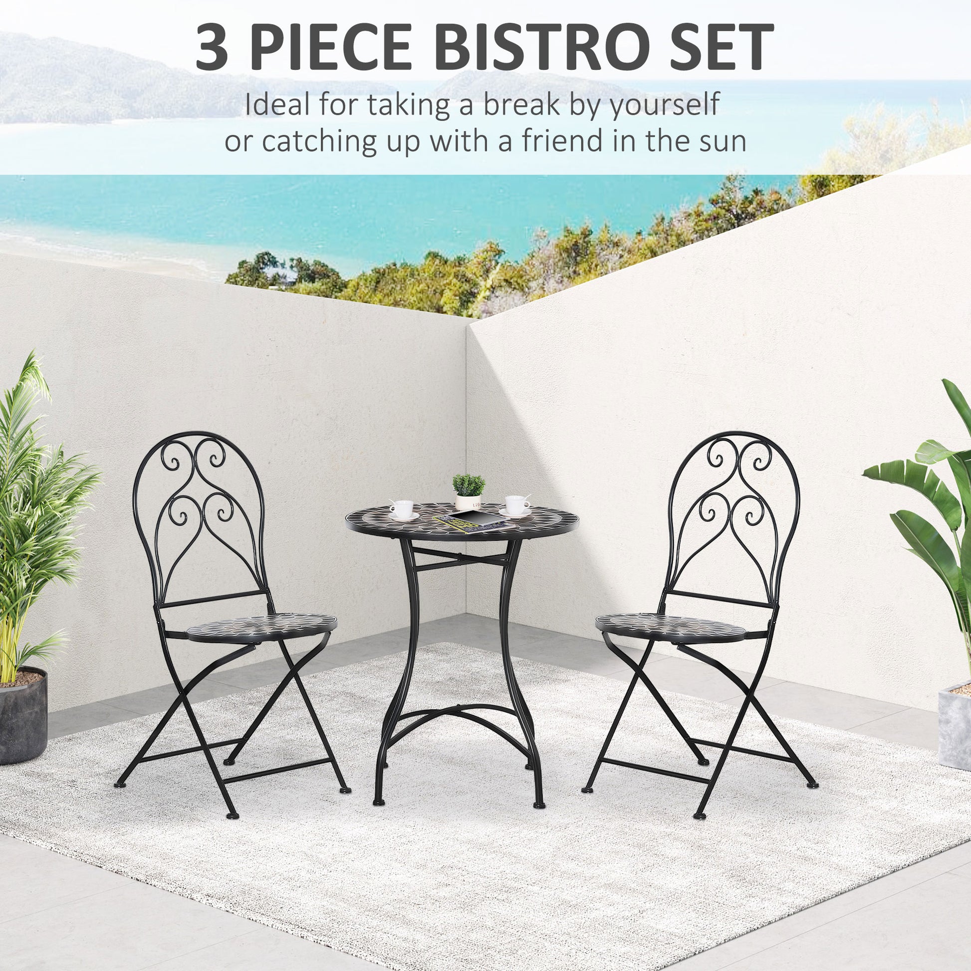 Outsunny 3 Piece Garden Bistro Set with Coffee Table and 2 Folding Chairs