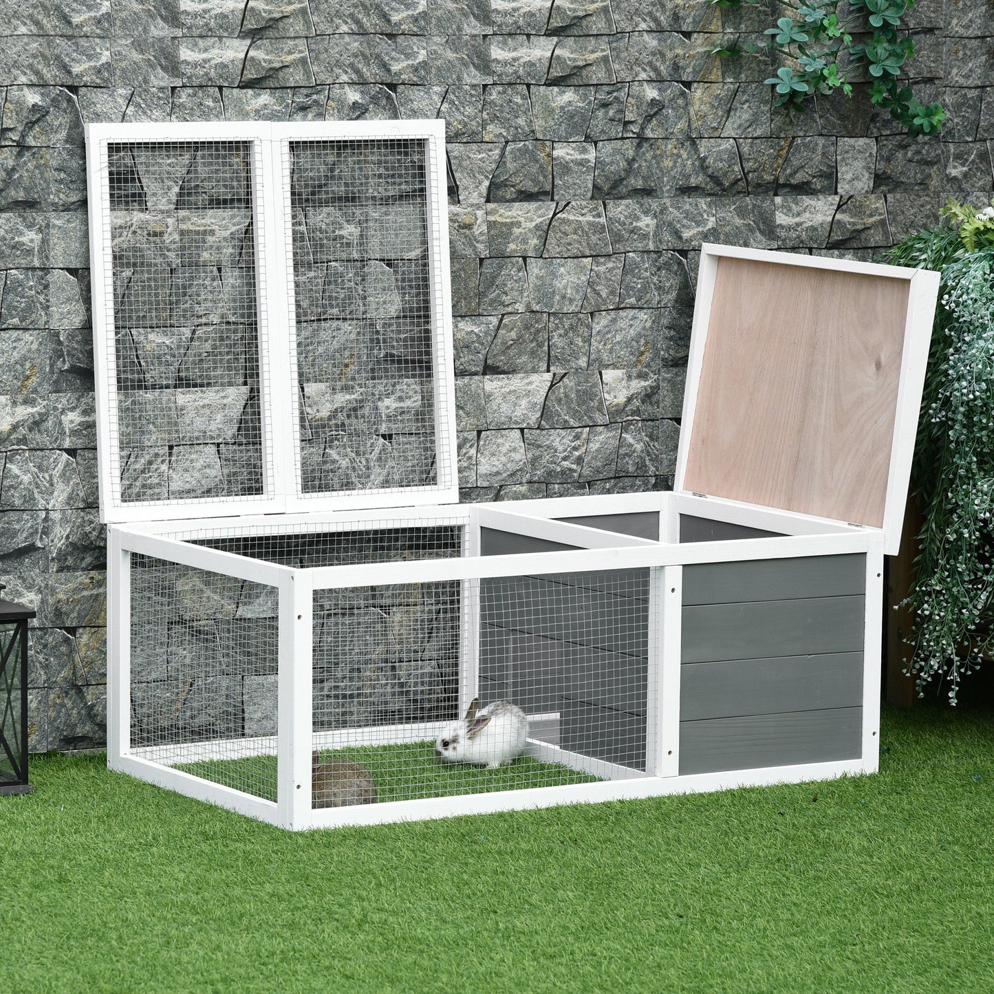 PawHut Wooden Rabbit Hutch Guinea Pig Small Animal Cage Rabbit Run Duck House Asphalt roof Indoor Outdoor 115 x 66 x 47.5 cm