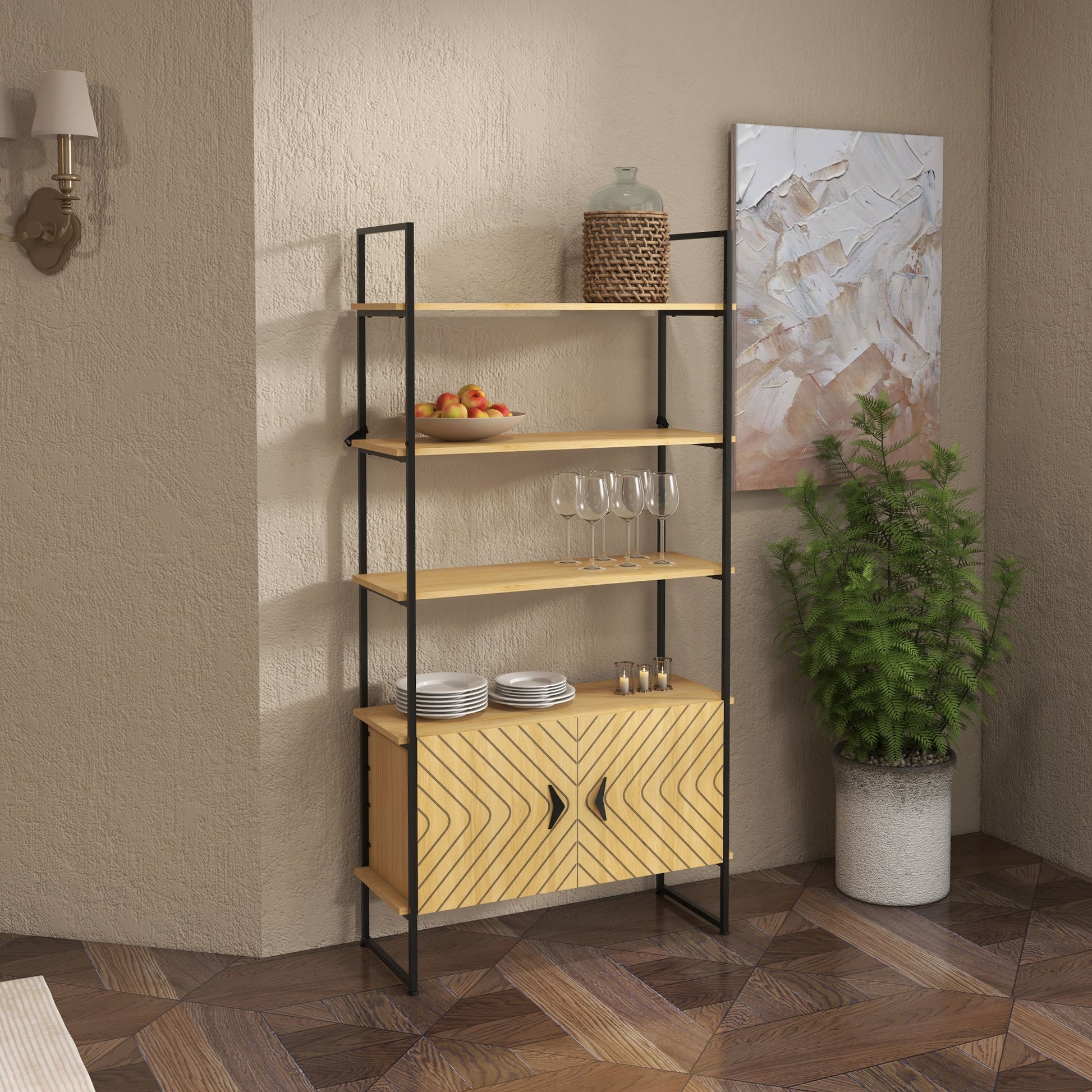 Homcom Bookcase 4-Tier Storage Shelf With Double Door Cabinet And Metal Frame For Living Room Bedroom Oak Tone