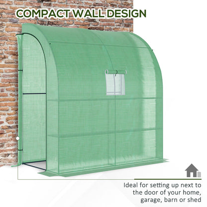 Outsunny Walk-In Lean to Wall Greenhouse with Windows and Doors 2 Tiers 4 Wired Shelves 200L x 100W x 215H cm Green