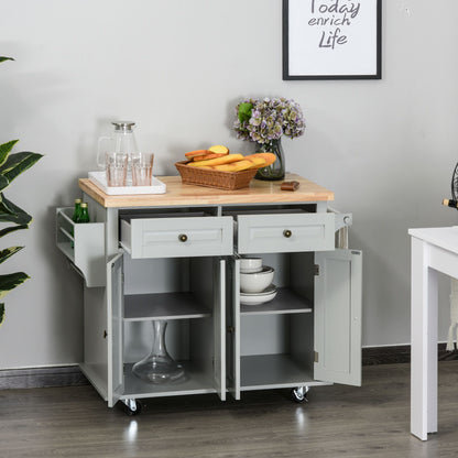 Homcom Rolling Kitchen Island Storage Trolley with Rubber Wood Top & Drawers for Dining Room