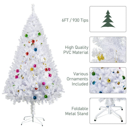 Homcom 6FT Artificial Christmas Tree with Metal Stand Decorations Home Seasonal Elegant Faux White