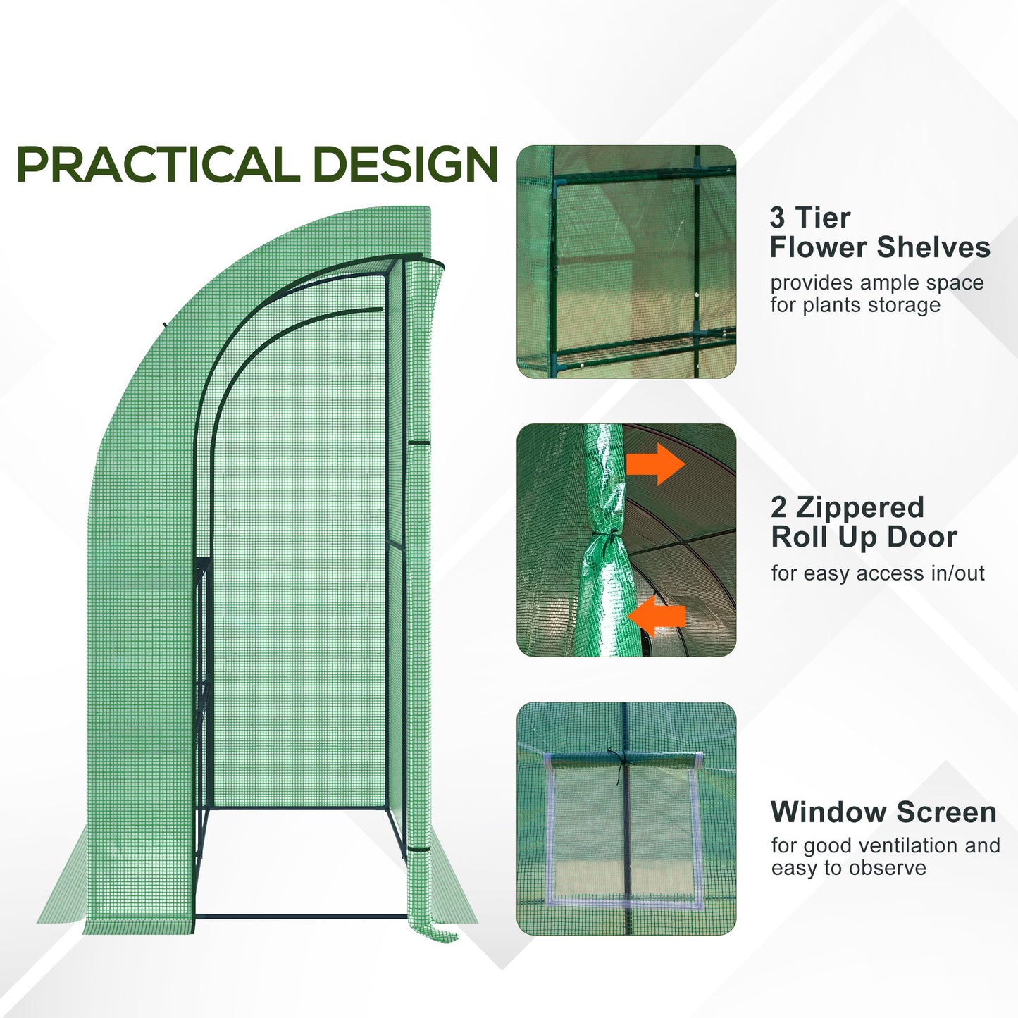 Outsunny Walk-In Lean to Wall Greenhouse with Windows and Doors 2 Tiers 4 Wired Shelves 200L x 100W x 215H cm Green