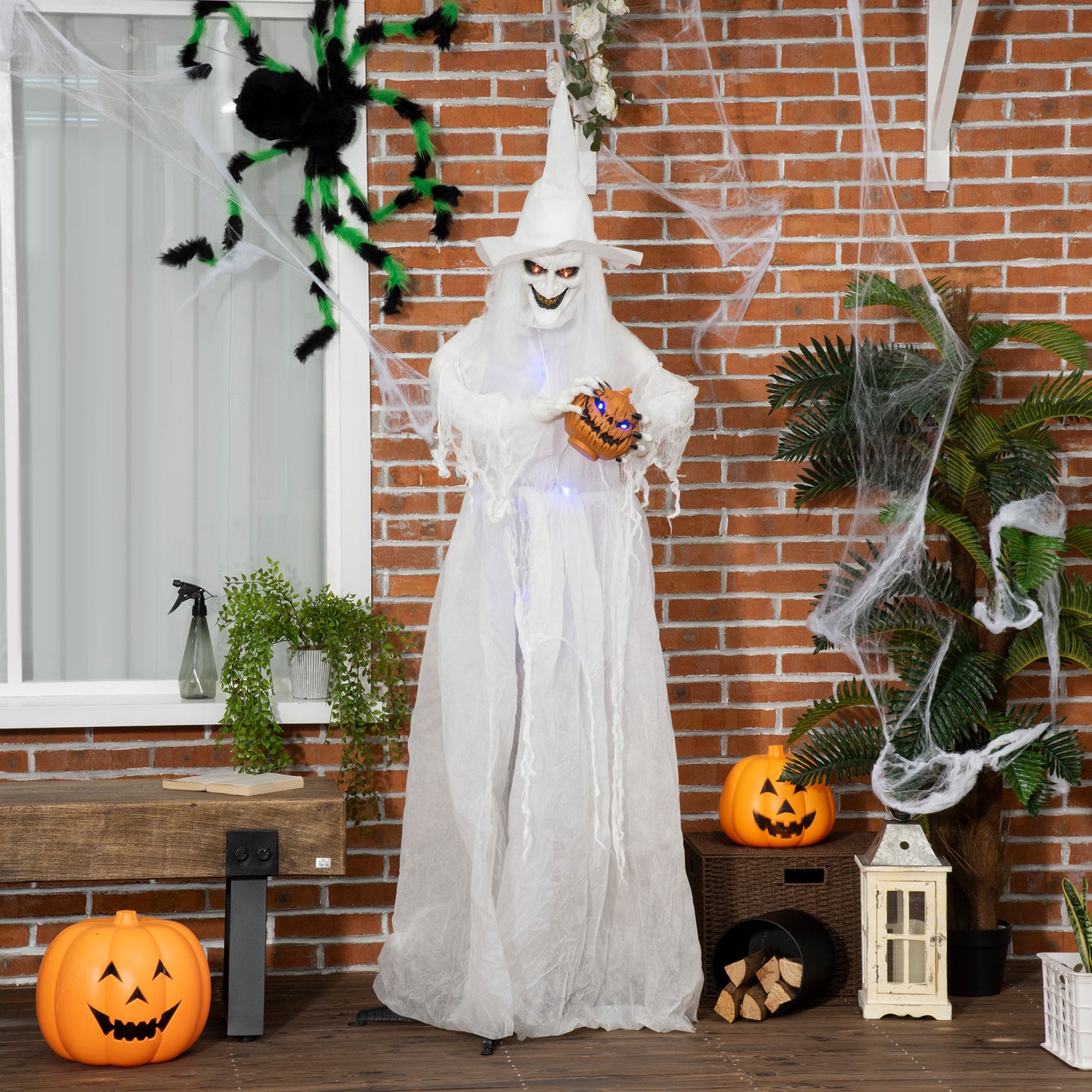 Outsunny 72 Inch Halloween Decorations White Witch Holding Pumpkin Head