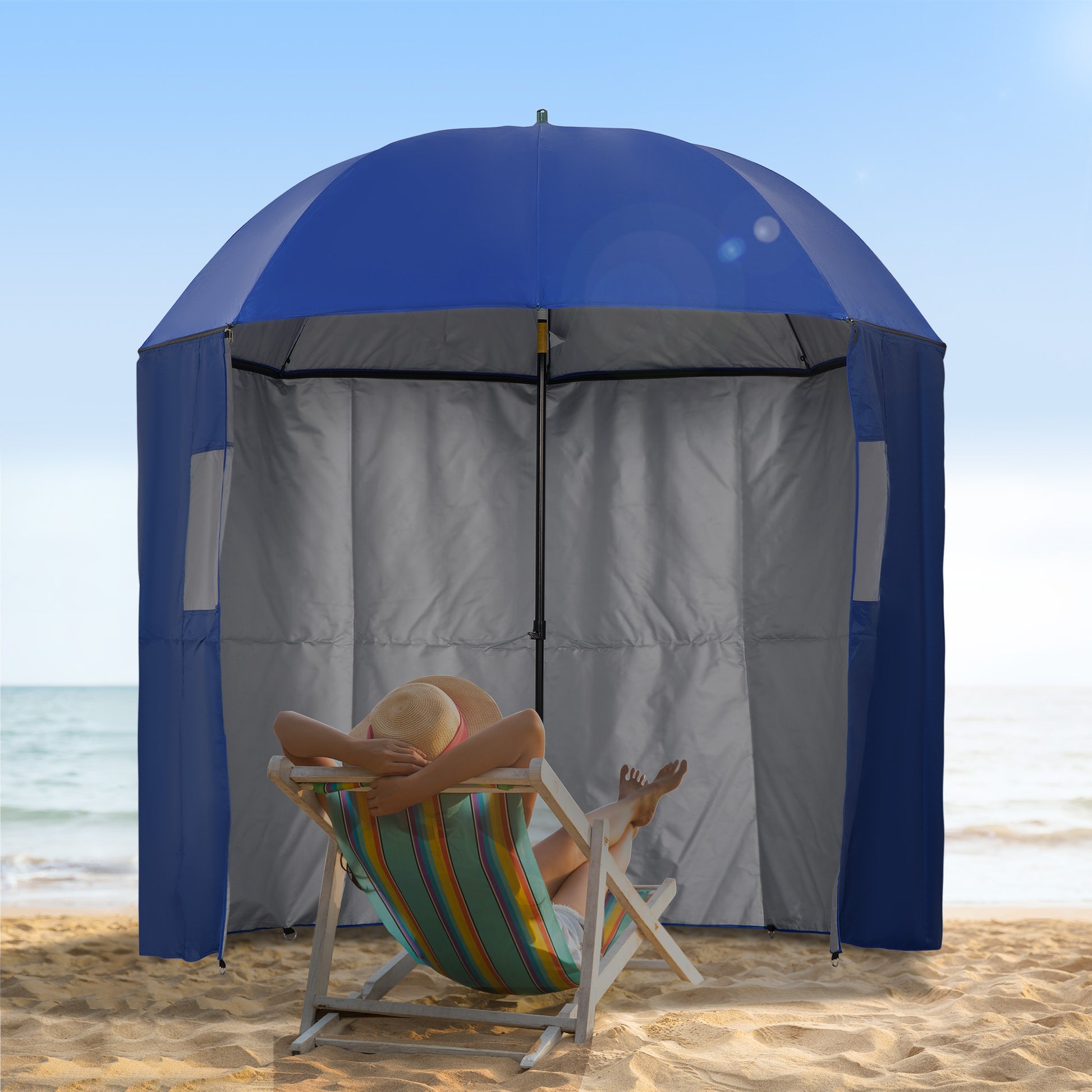 Outsunny 2m Beach Parasol Fishing Umbrella Brolly with Sides and Push Botton Tilt Sun Shade Shelter with Carry Bag