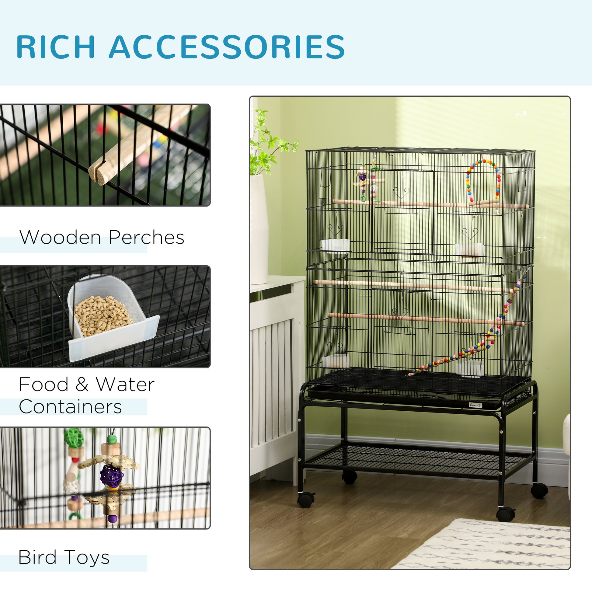 Grille 133cm Bird Cage Wheeled Black by Pawhut