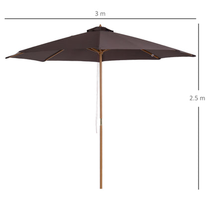 Outsunny 3(M) Fir Wooden Parasol Garden Umbrellas 8 Ribs Bamboo Sun Shade Patio Outdoor Umbrella Canopy Coffee