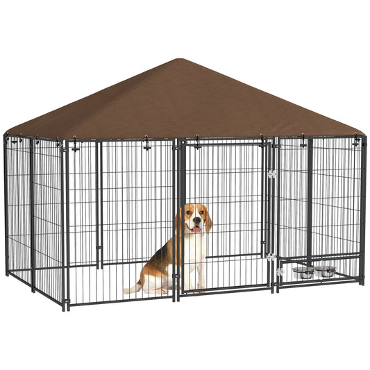 Outdoor Dog Kennel Puppy Play Pen with Canopy Garden Playpen Fence Crate Enclosure Cage Rotating Bowl 211 x 141 x 151 cm-0