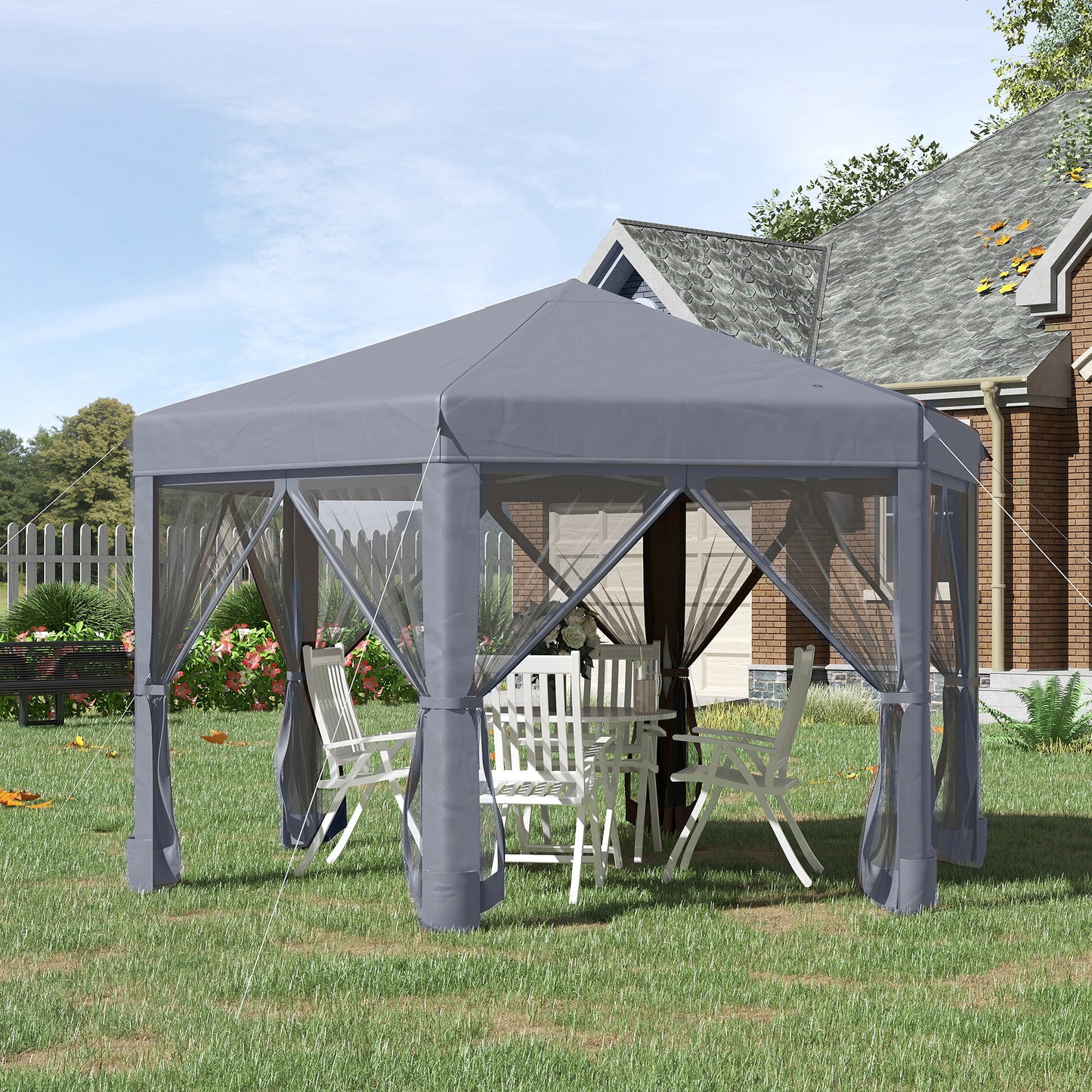 Outsunny 3.2M Pop Up Gazebo Hexagonal Canopy Tent Outdoor Sun Protection With Mesh Sidewalls Handy Bag Grey