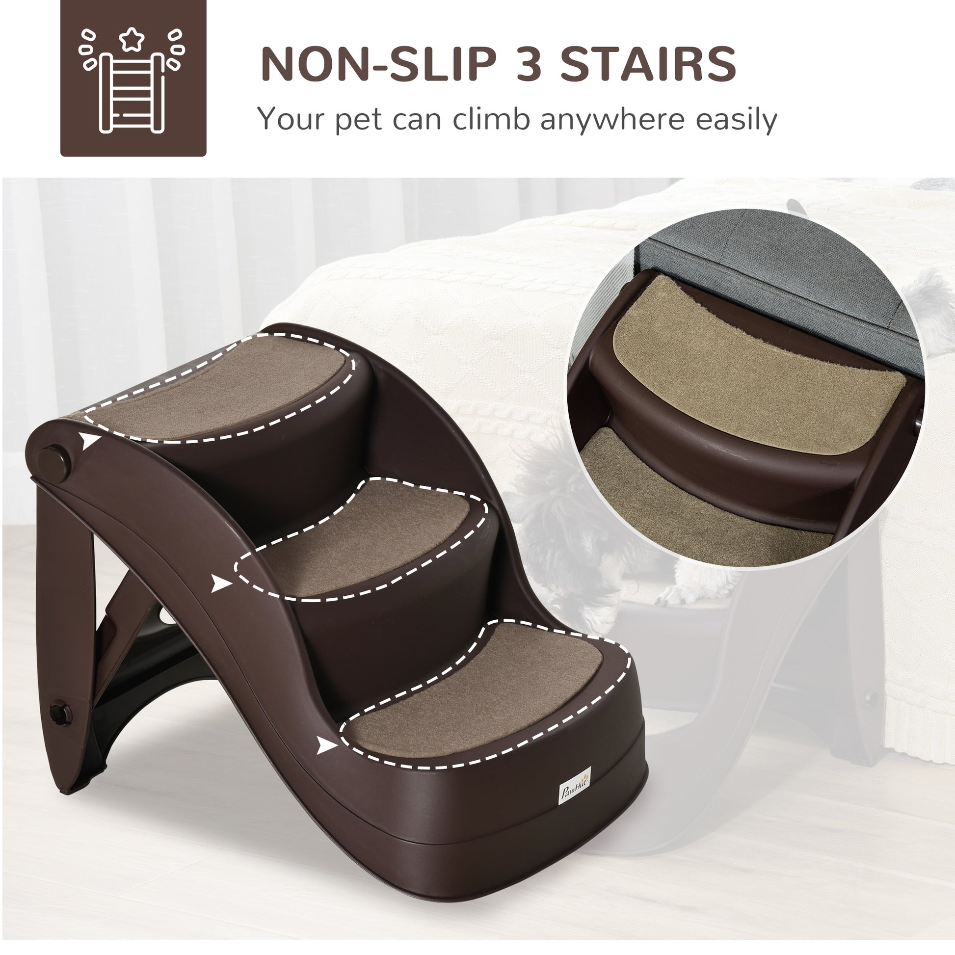 PawHut Foldable Pet Stairs Portable Dog Steps 3-Step Design with Non-slip Mats for High Beds