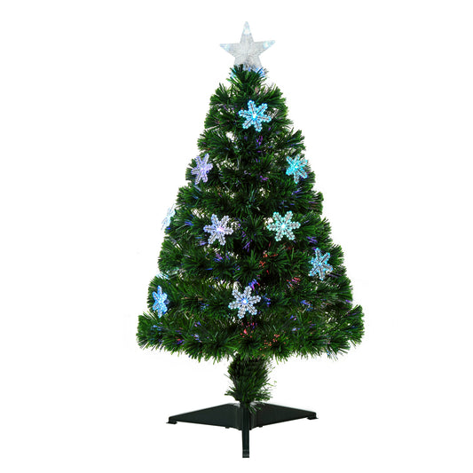 Homcom 3FT Green Fibre Optic Artificial Christmas Tree Xmas Colourful LED Scattered Tree with Snowflakes Ornaments Fireproofing