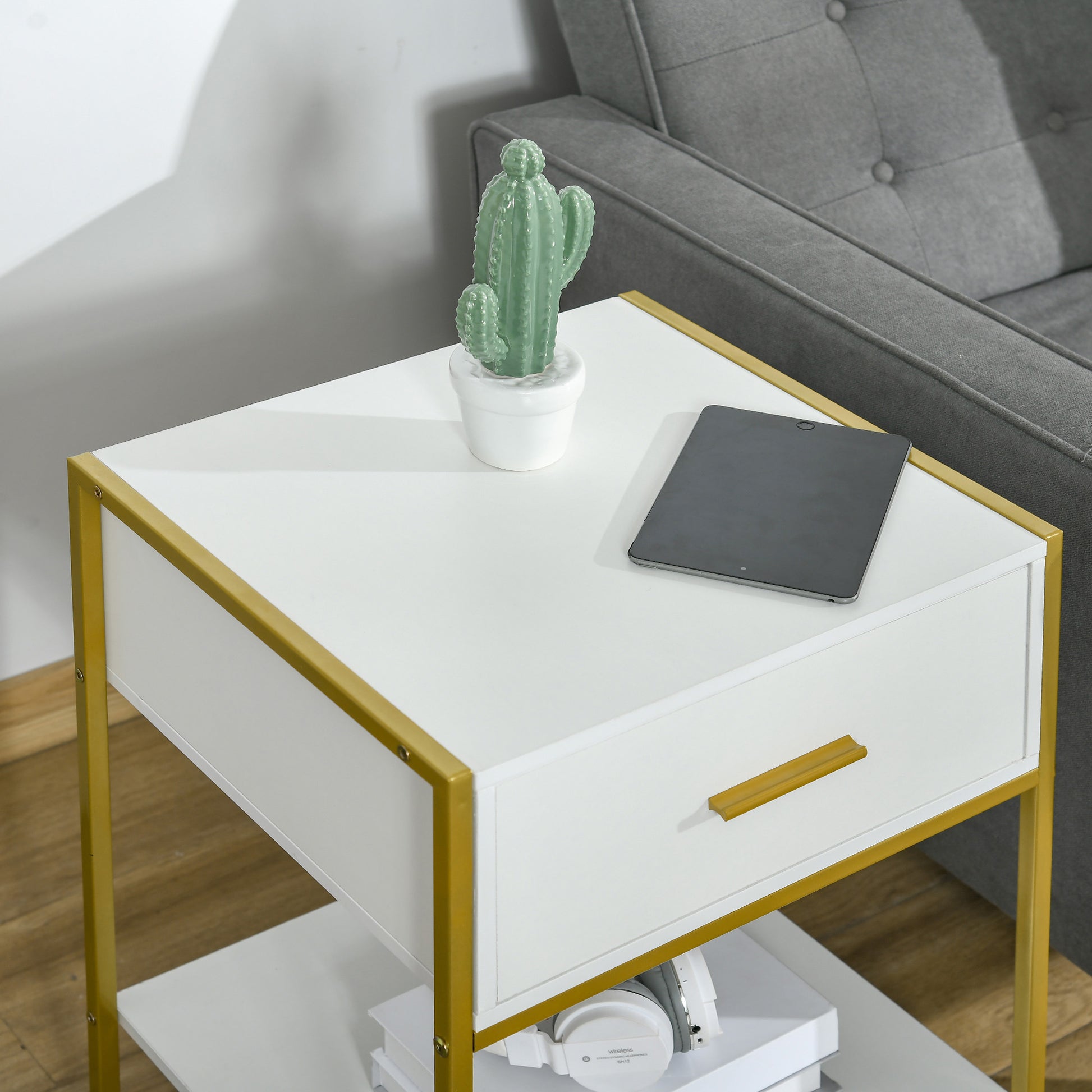 Homcom Elegant Gold-Tone Metal Frame Side Table With Drawer