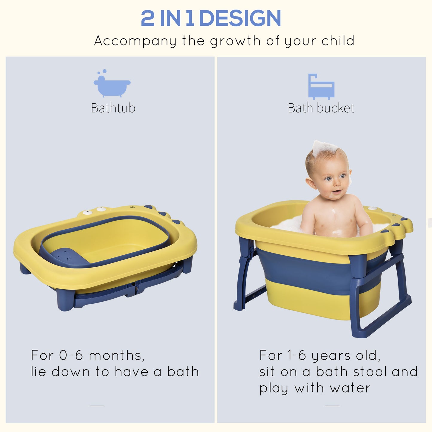 Homcom Baby Bath Tub for 0-6 Years Collapsible Non-Slip Portable with Stool Seat for Newborns Infants Toddlers Kids Crocodile Shape Yellow