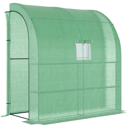 Outsunny Walk-In Lean to Wall Greenhouse with Windows and Doors 2 Tiers 4 Wired Shelves 200L x 100W x 215H cm Green