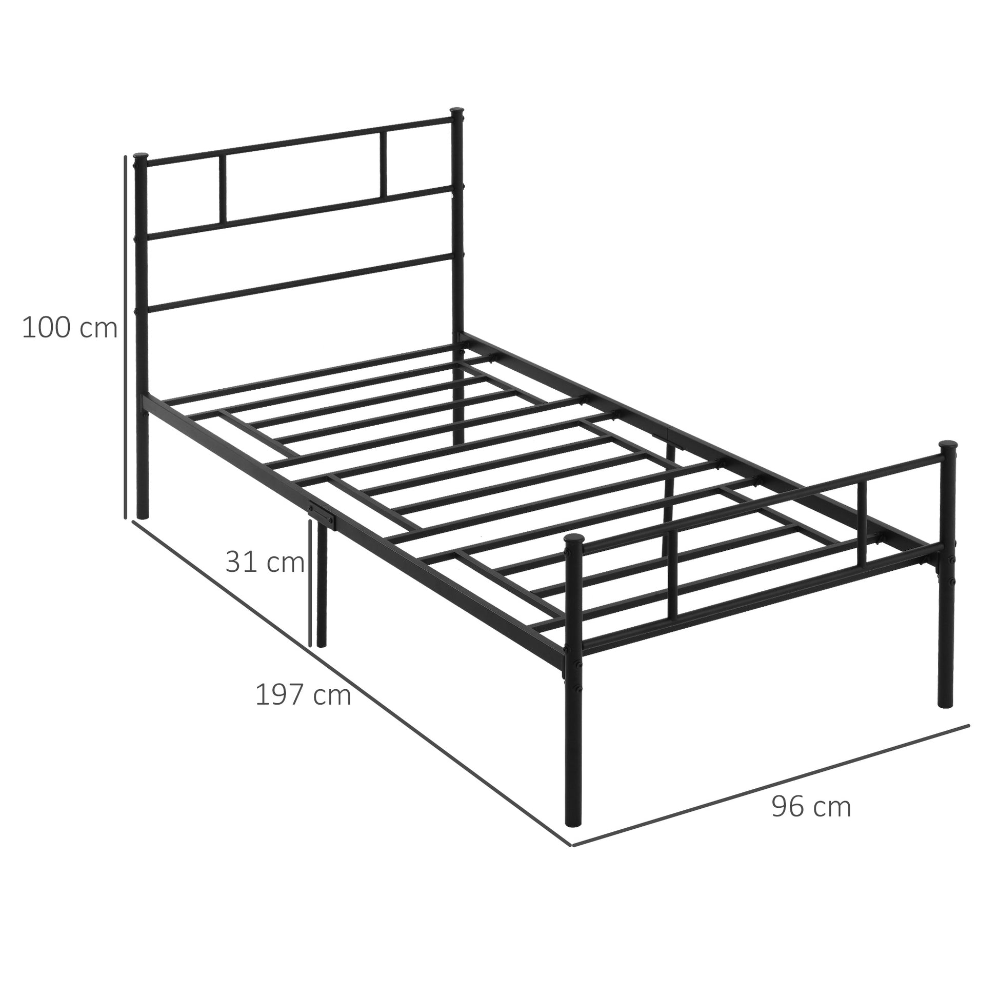 Homcom Single Metal Bed Frame Solid Bedstead Base with Headboard and Footboard