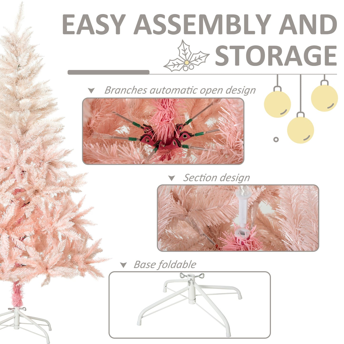 Homcom 6ft Christmas Decorations Realistic Design Faux Christmas Tree w/ Metal Stand and Quick Setup - Pink