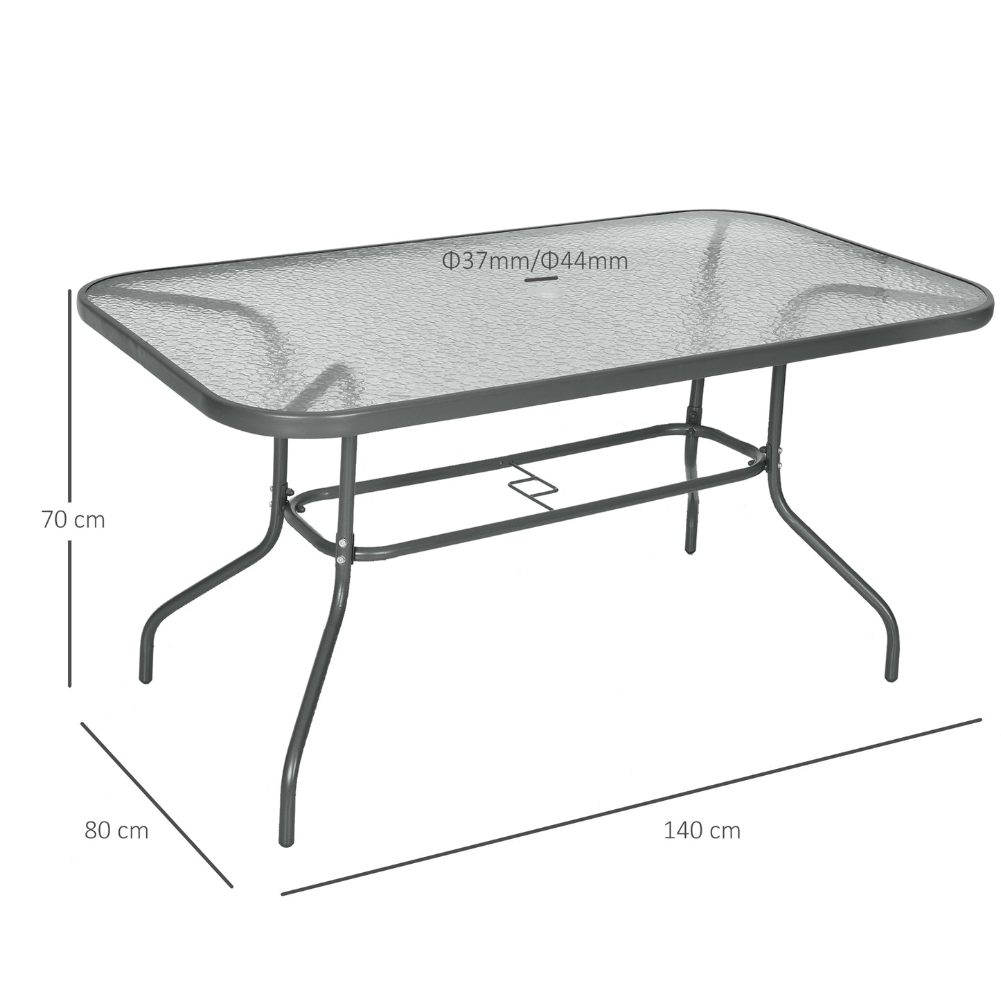 Outsunny Aquatex Glass Garden Table Curved Metal Frame Parasol Hole 4 Legs Outdoor Grey