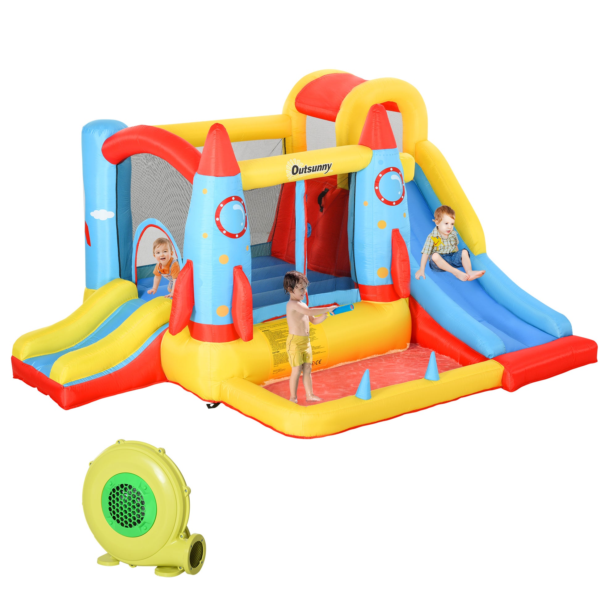 Outsunny Bounce Castle Inflatable Trampoline Slide Pool Rocket Design 3.4 x 2.8 x 1.85m