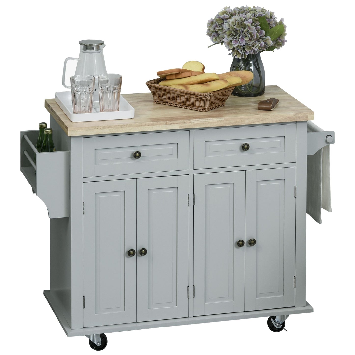 Homcom Rolling Kitchen Island Storage Trolley with Rubber Wood Top & Drawers for Dining Room