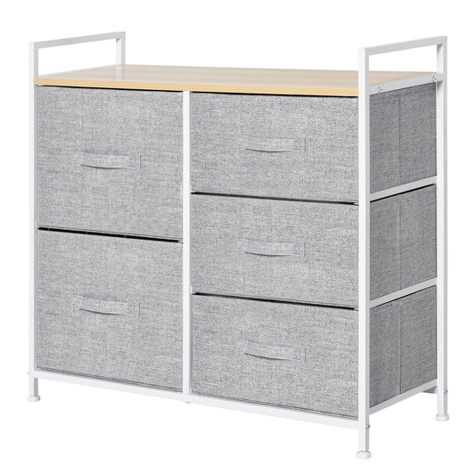 Homcom 5 Drawer Linen Basket Storage Unit Home Organisation w/ Shelf Handles Metal Frame Adjustable Feet Hallway Home Dresser Grey