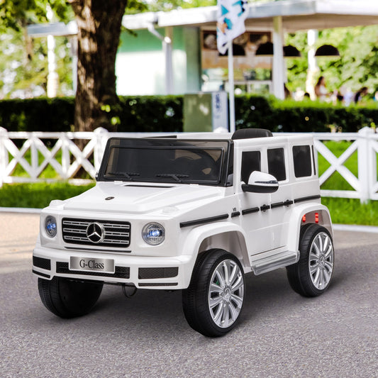 Homcom Compatible 12V Battery-powered 2 Motors Kids Electric Ride On Car Mercedes Benz G500 Toy with Parental Remote Control Music Lights MP3 Suspension Wheels for 3-8 Years Old White