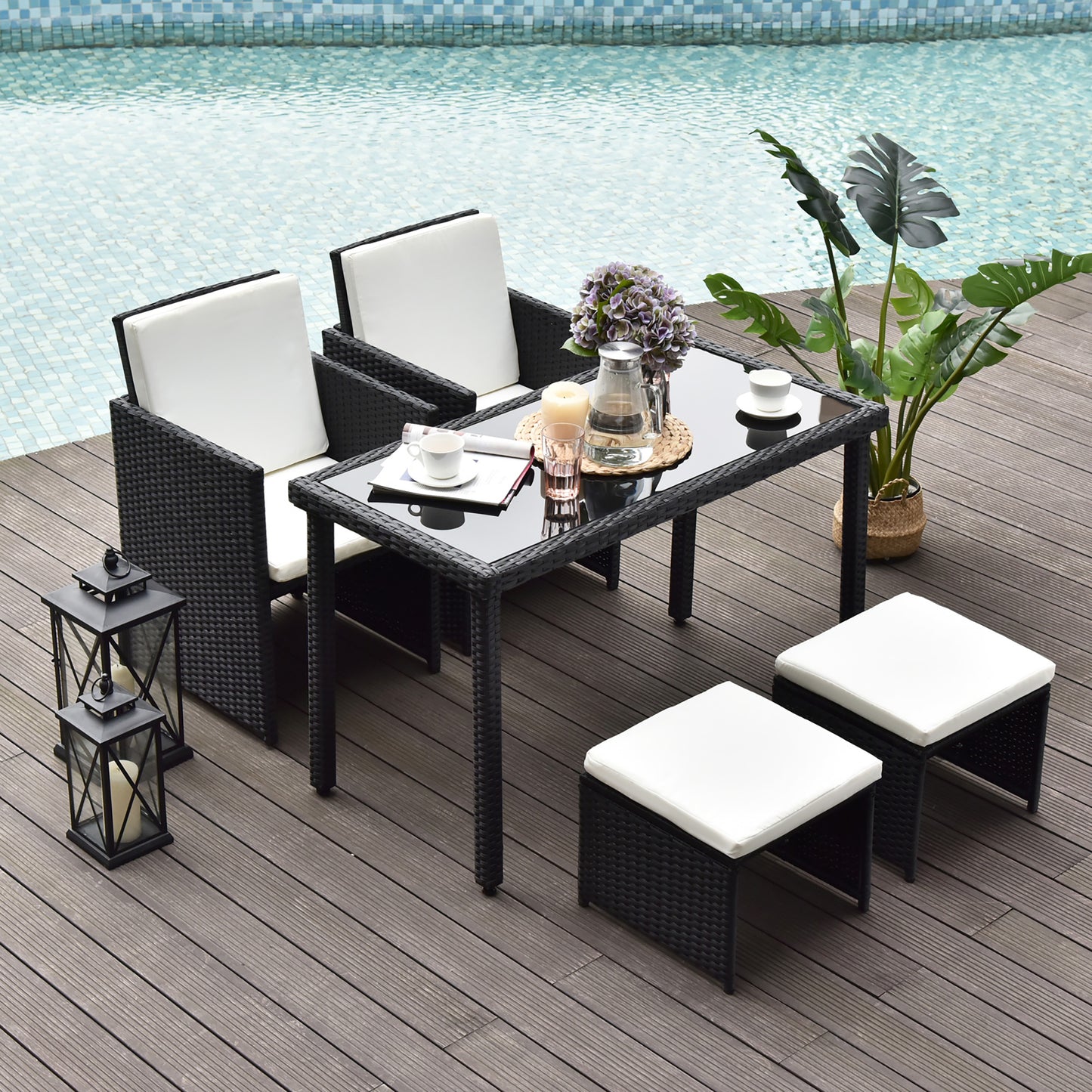 Outsunny 5 Pcs Rattan Garden Furniture Space-Saving Wicker Weave Sofa Set Conservatory Dining Table Table Chair Footrest Cushioned Black