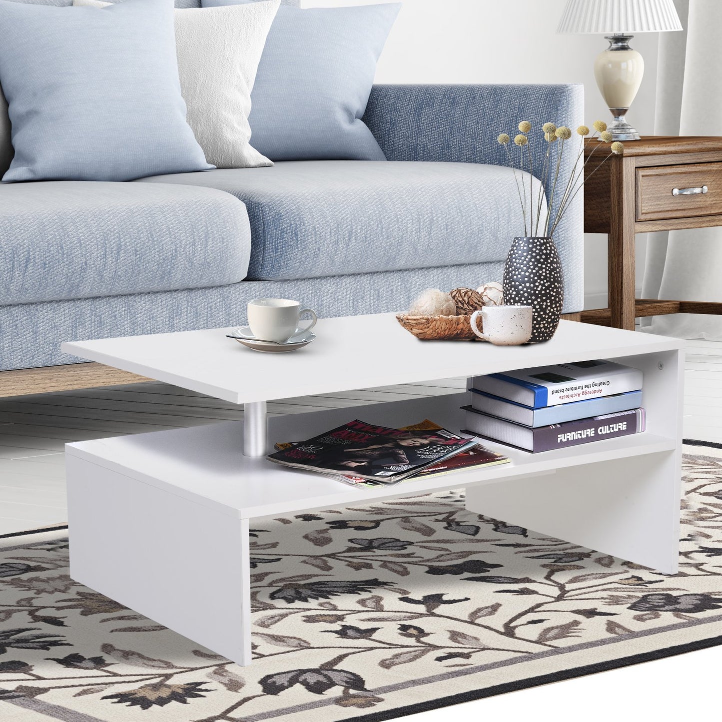 Homcom 2-Tier Coffee Table Side/End Table Modern Rectangular Design w/ Open Shelf Living Room Entryway Hallway Furniture White