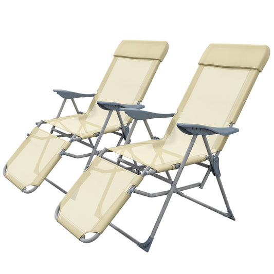 Outdoor Sun Lounger Set of 2, Reclining Garden Chairs w/ Adjustable Footrest, 2 pcs Recliner w/ 5-level Adjustable Backrest, Headrest, Beige-0