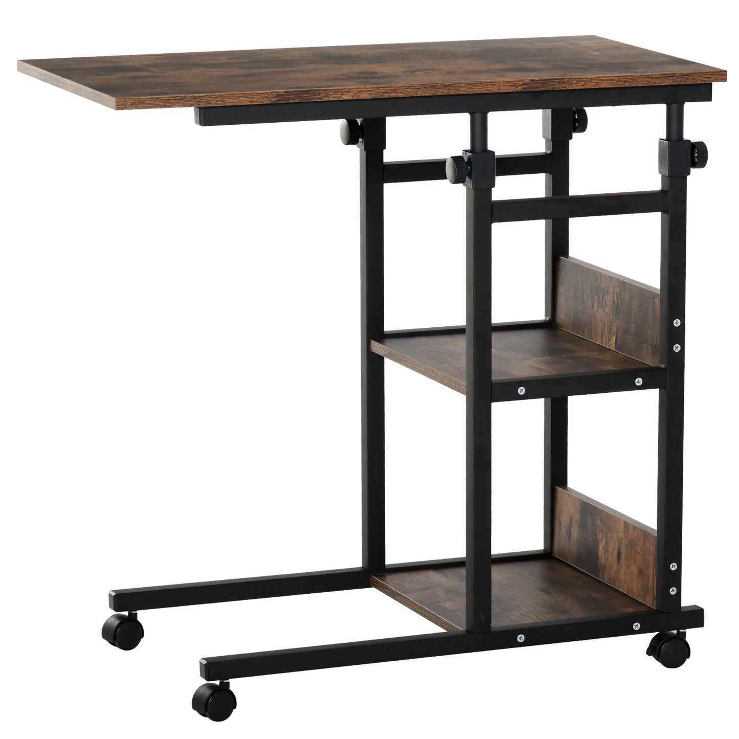 Homcom C-Shaped Side Table Industrial Mobile Rolling End Desk with 3-Tier Storage Shelving