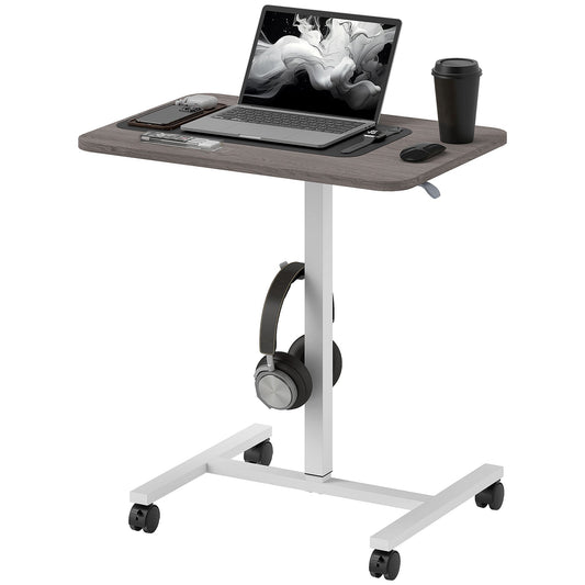 Height Adjustable Standing Desk, Pneumatic Sit Stand Desk for Laptop, Mobile Overbed Table with Wheels and Headphone Hook for Home Office, Grey-0