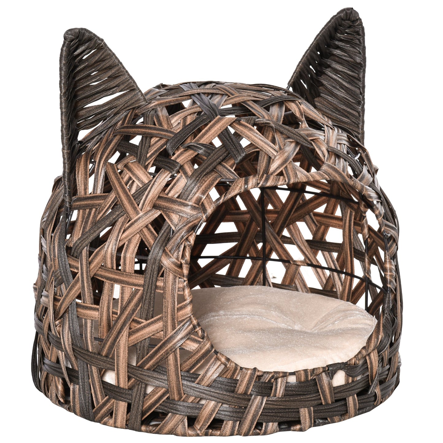 PawHut Wicker Cat Bed Rattan Kitten Basket Pet Den. House Cozy Cute-shaped Cave with Soft Cushion Brown