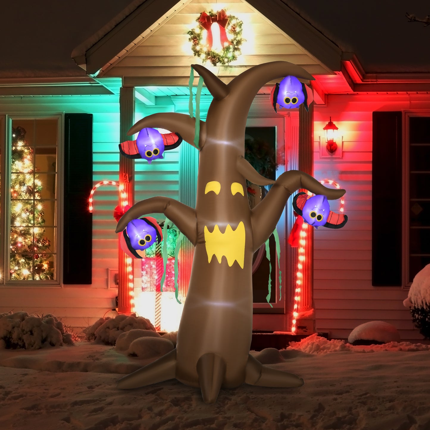 Outsunny 8ft Inflatable Halloween Ghost Tree with Upside-down Bats Showing Teeth Wings