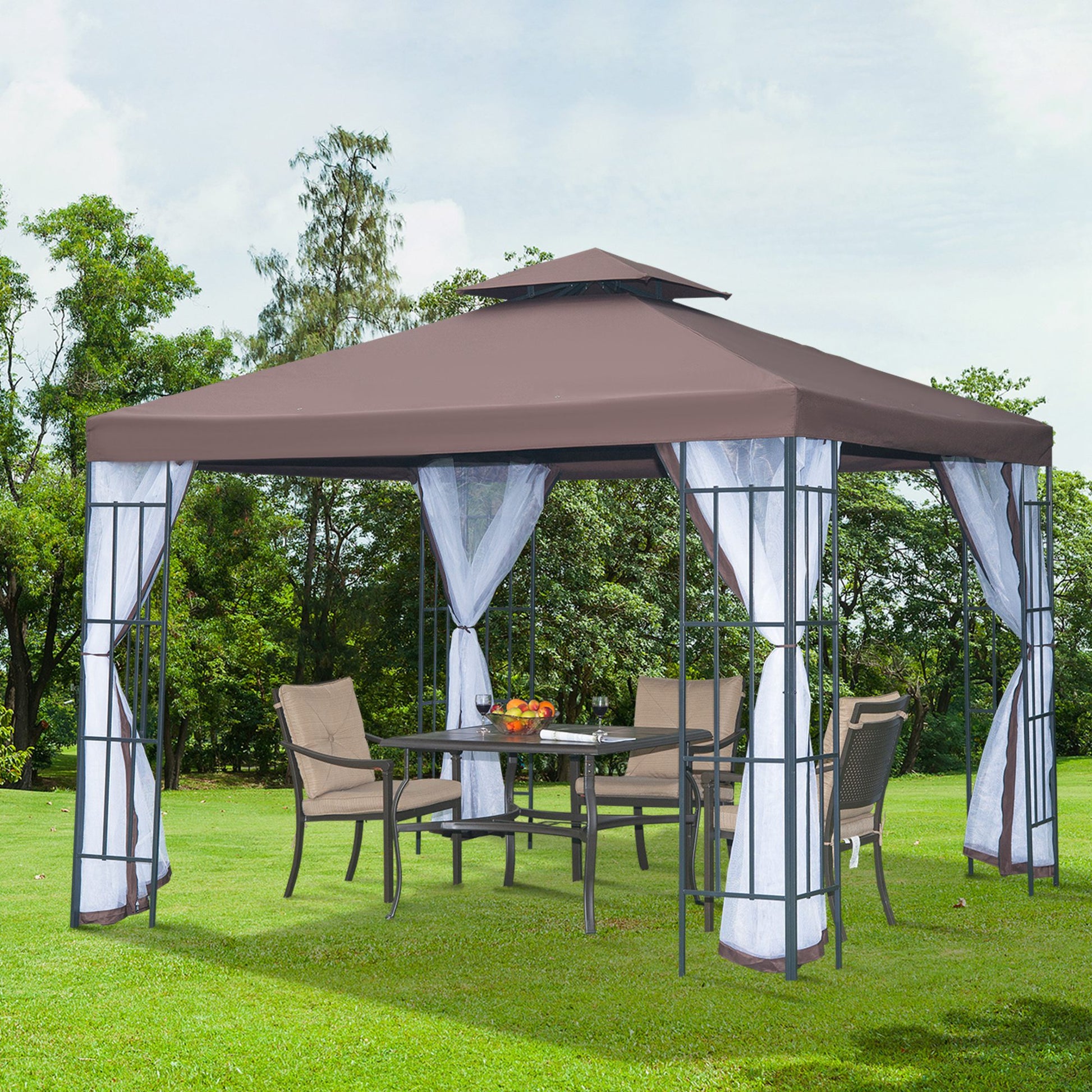 Outsunny 3 x 3(m) Patio Gazebo Canopy Garden Pavilion Tent Shelter with 2 Tier Roof and Mosquito Netting